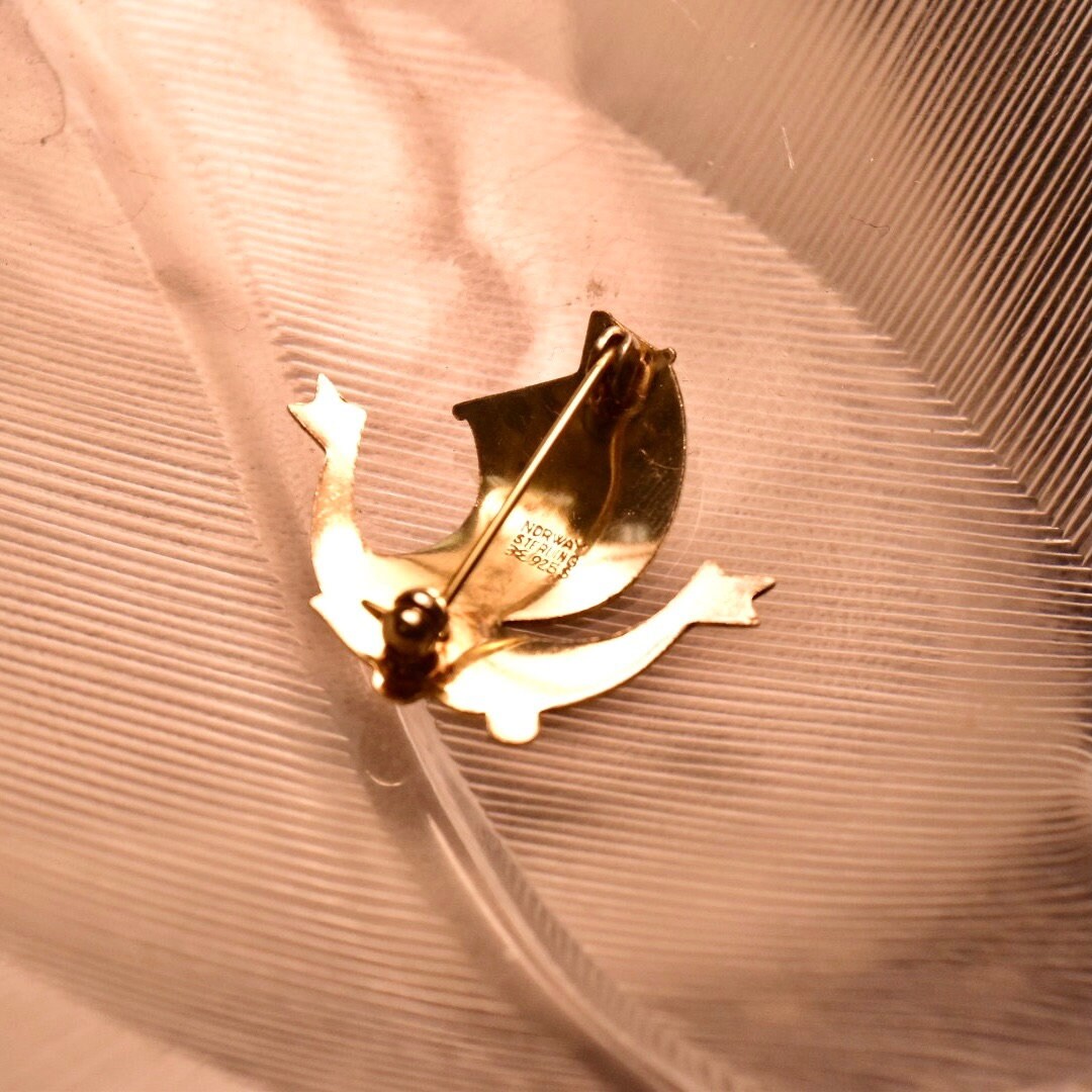 Vintage Aksel Holmsen Gilt Sterling Silver Guilloche Enamel Viking Ship Boat Pin Brooch, Norway Sterling 925 Jewelry, 36mm