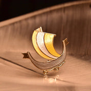 Vintage Aksel Holmsen Gilt Sterling Silver Guilloche Enamel Viking Ship Boat Pin Brooch, Norway Sterling 925 Jewelry, 36mm