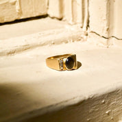 Modernist 10K Black Star Sapphire Diamond Accent Ring, Asymmetric Design, Satin Gold Finish, 9 1/4 US