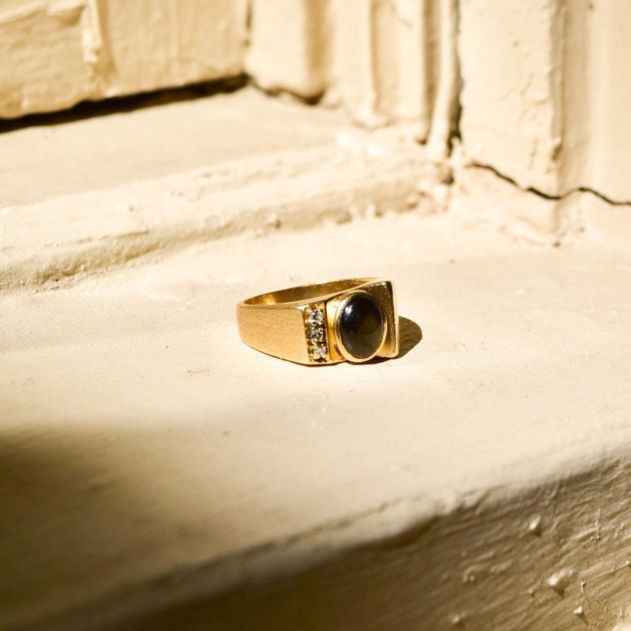 Modernist 10K Black Star Sapphire Diamond Accent Ring, Asymmetric Design, Satin Gold Finish, 9 1/4 US