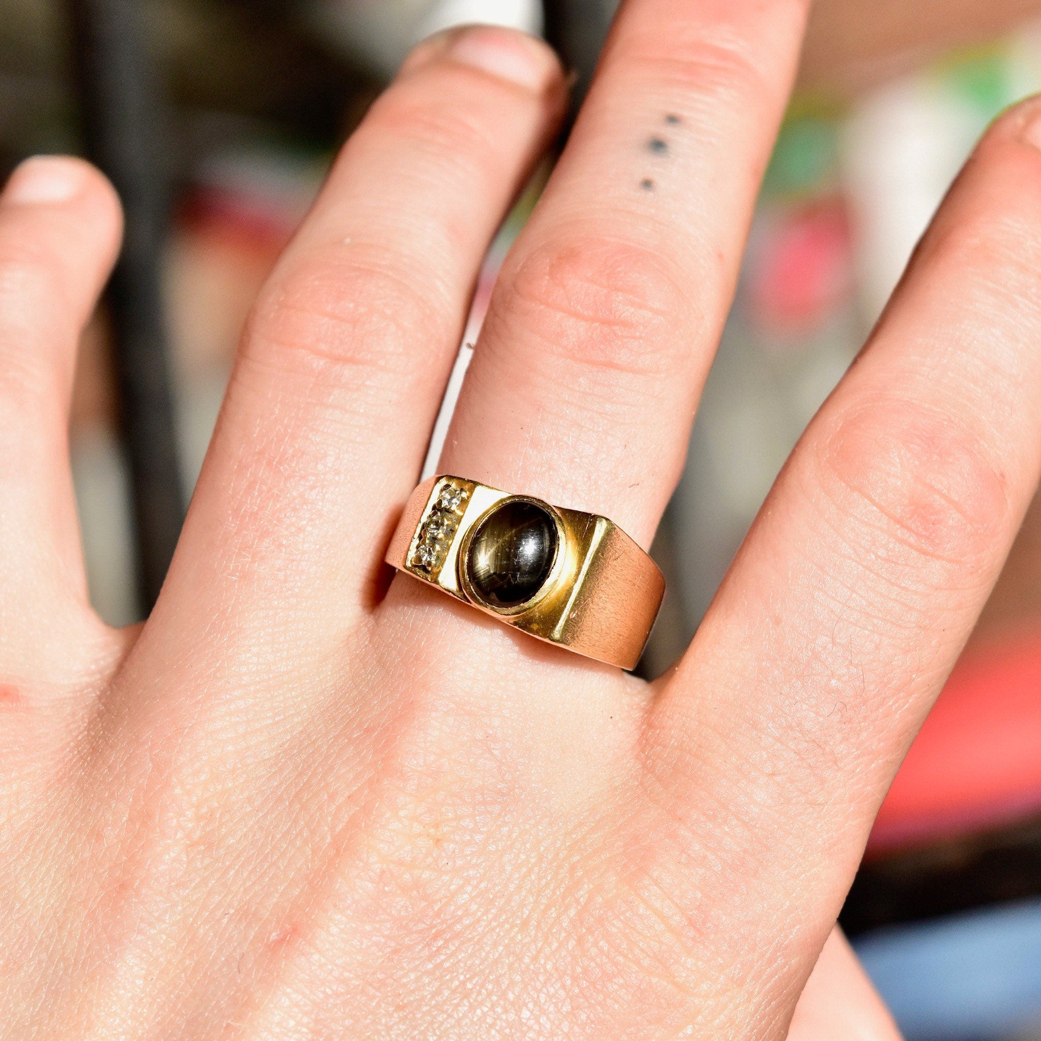 Modernist 10K Black Star Sapphire Diamond Accent Ring, Asymmetric Design, Satin Gold Finish, 9 1/4 US