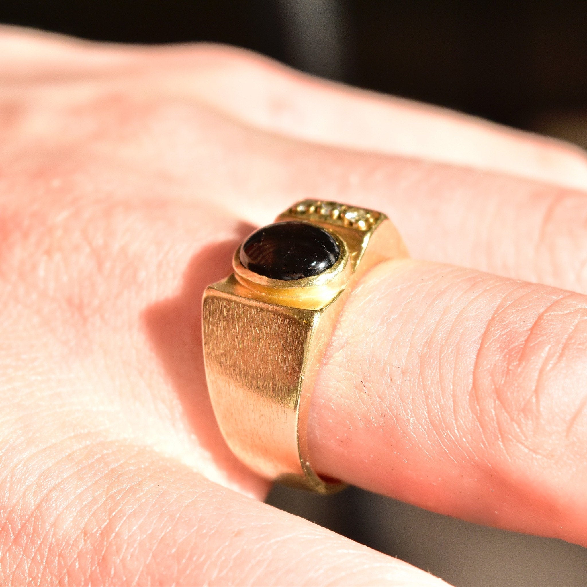Modernist 10K Black Star Sapphire Diamond Accent Ring, Asymmetric Design, Satin Gold Finish, 9 1/4 US