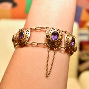 Art Deco 14K Gold Alexandrite Link Bracelet, Ornate Puffed Bezel Cup Links, Color-Changing Gemstones, Wide Link Bracelet, 6 1/2" L