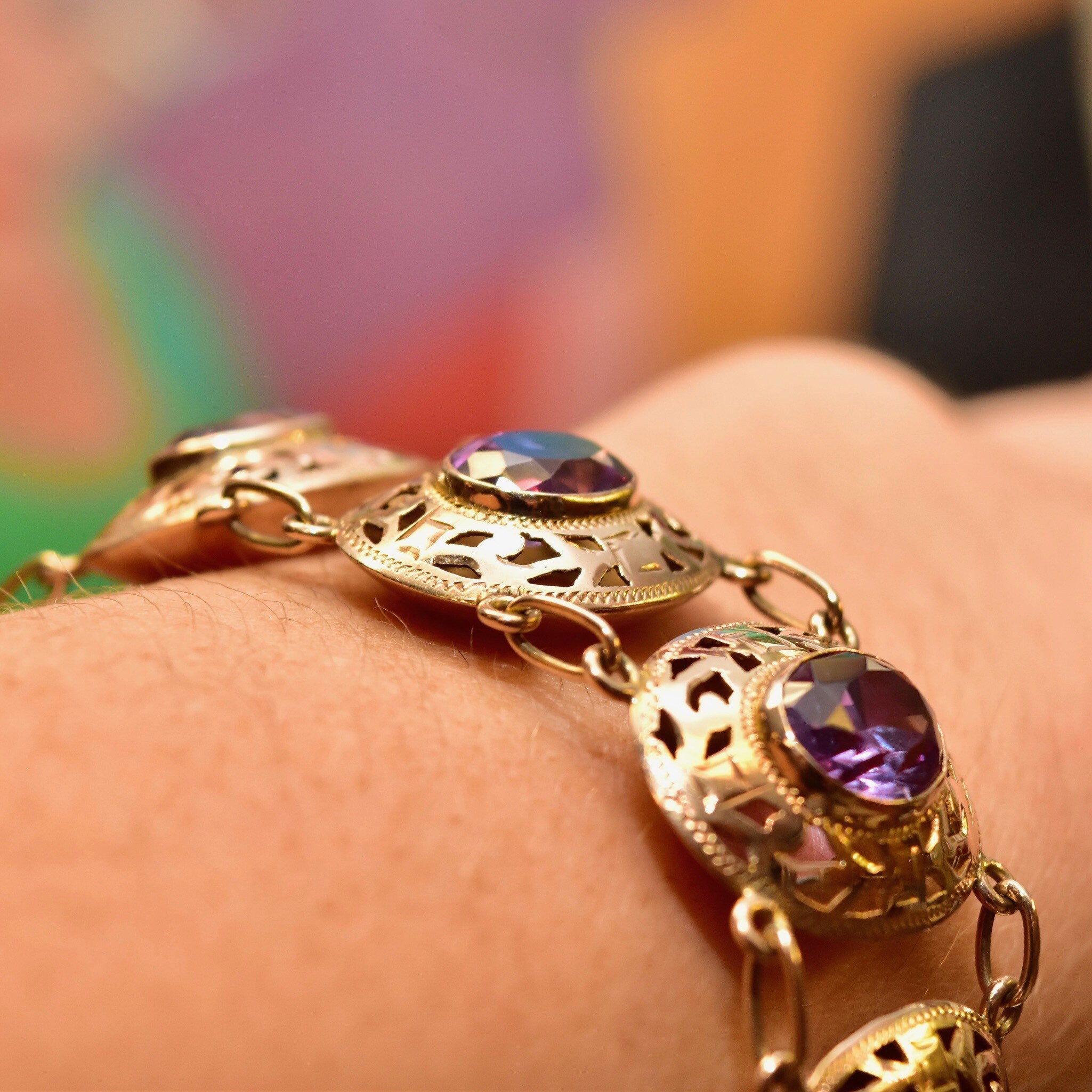 Art Deco 14K Gold Alexandrite Link Bracelet, Ornate Puffed Bezel Cup Links, Color-Changing Gemstones, Wide Link Bracelet, 6 1/2" L