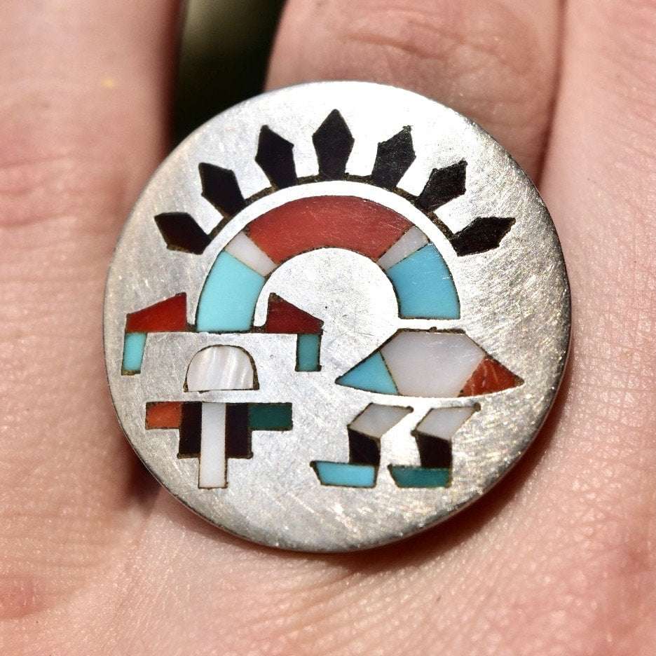 Vintage Signed Fred & Lolita Natachu Zuni Native American Multi-Stone Inlay Rainbow Man Ring, Silver, Mother of Pearl, Jet, Coral, Turquoise
