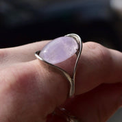 Vintage Silver Rose Quartz Cabochon Ring, Bohemian Silver Band, Artisan Gemstone Jewelry, Size 9 1/4 US