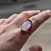 Vintage Silver Rose Quartz Cabochon Ring, Bohemian Silver Band, Artisan Gemstone Jewelry, Size 9 1/4 US
