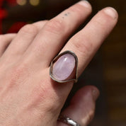 Vintage Silver Rose Quartz Cabochon Ring, Bohemian Silver Band, Artisan Gemstone Jewelry, Size 9 1/4 US