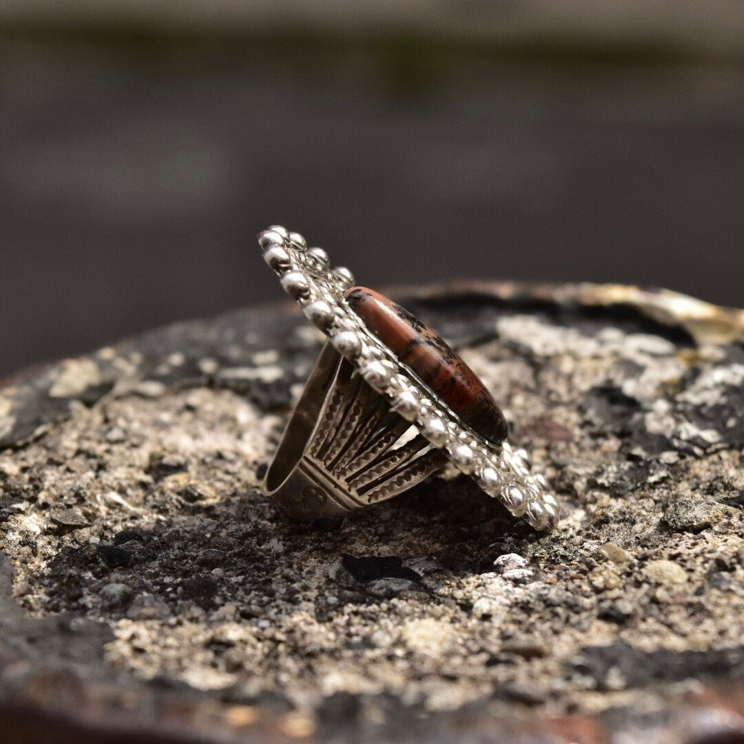 Vintage Sterling Silver Stromatolite, Long Silver Ring With Oval Stone Cabochon, Embellished Gemstone Ring, Size 7 US