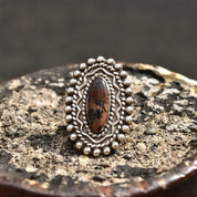 Vintage Sterling Silver Stromatolite, Long Silver Ring With Oval Stone Cabochon, Embellished Gemstone Ring, Size 7 US