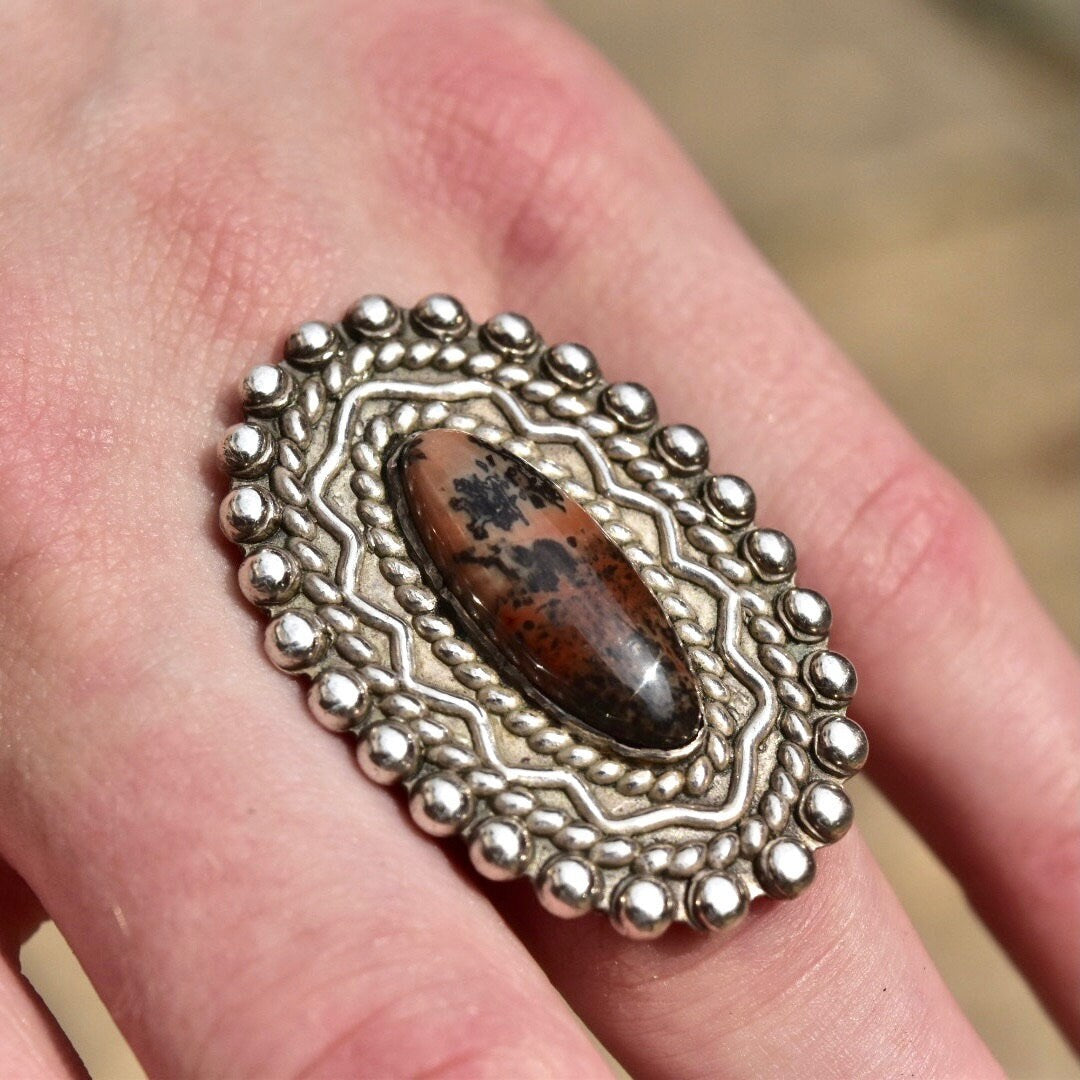 Vintage Sterling Silver Stromatolite, Long Silver Ring With Oval Stone Cabochon, Embellished Gemstone Ring, Size 7 US