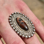 Vintage Sterling Silver Stromatolite, Long Silver Ring With Oval Stone Cabochon, Embellished Gemstone Ring, Size 7 US