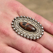 Vintage Sterling Silver Stromatolite, Long Silver Ring With Oval Stone Cabochon, Embellished Gemstone Ring, Size 7 US