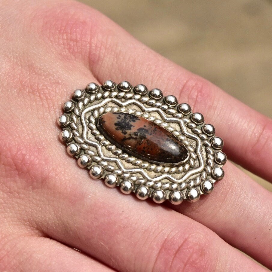 Vintage Sterling Silver Stromatolite, Long Silver Ring With Oval Stone Cabochon, Embellished Gemstone Ring, Size 7 US