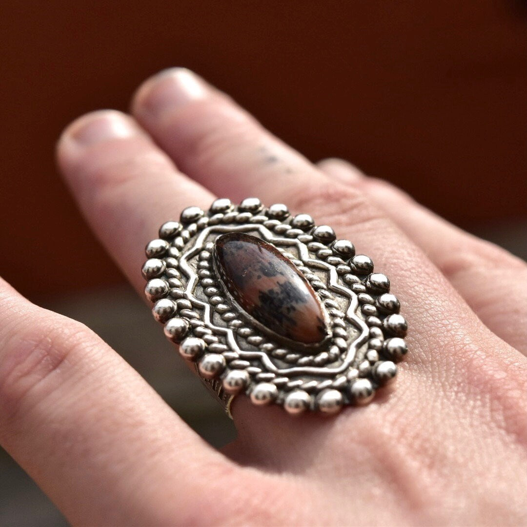 Vintage Sterling Silver Stromatolite, Long Silver Ring With Oval Stone Cabochon, Embellished Gemstone Ring, Size 7 US