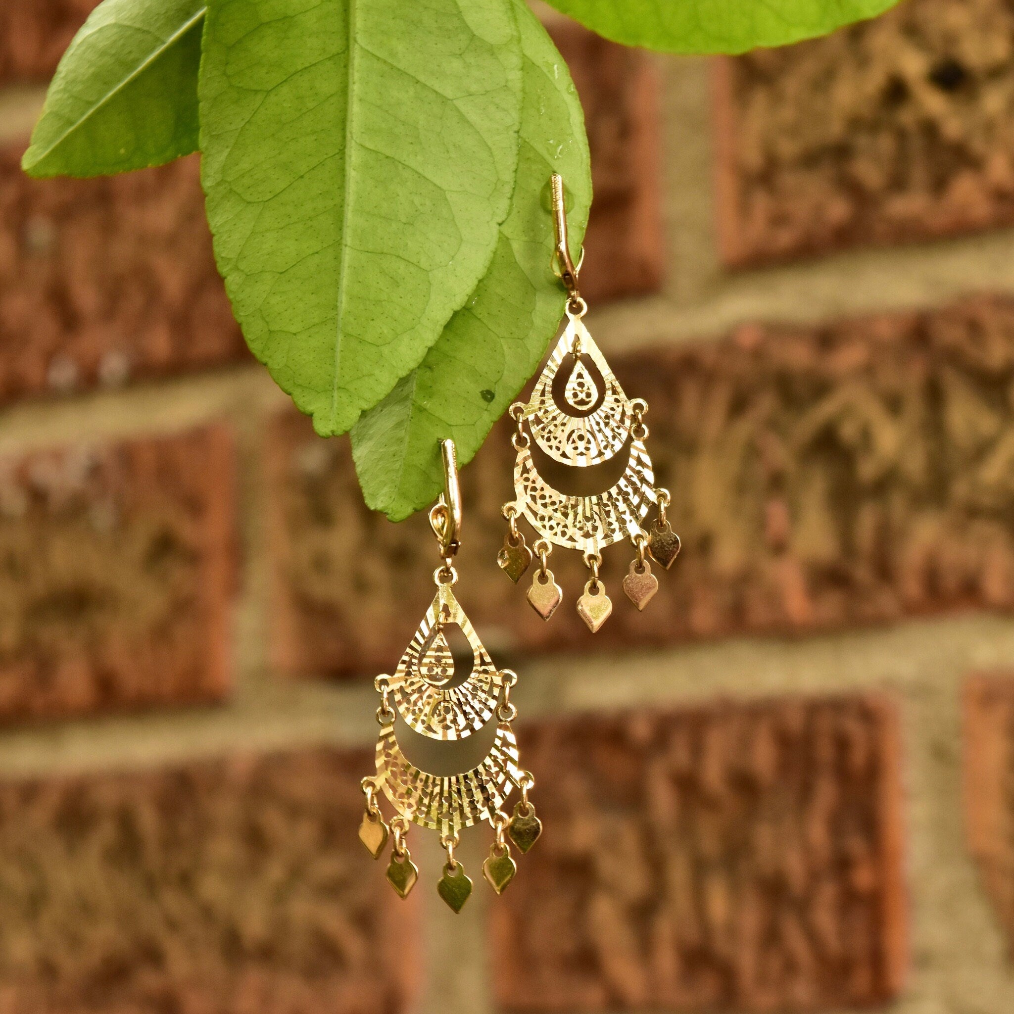 Vintage Turkish 14K Yellow Gold Filigree Chandelier Earrings, Ornate Diamond-Cut Teardrop Earrings, 585 Gold Lever Backs, 54mm