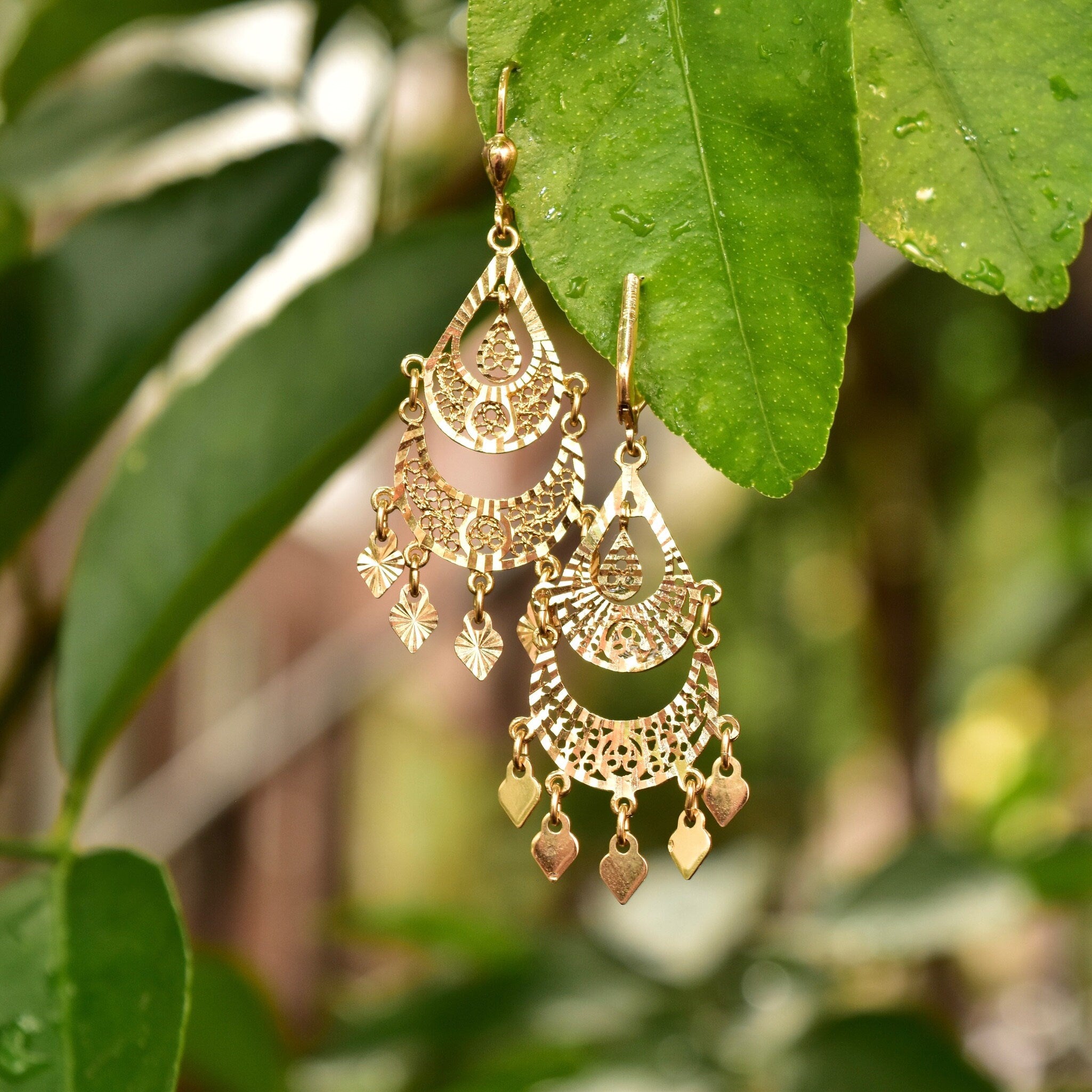 Vintage Turkish 14K Yellow Gold Filigree Chandelier Earrings, Ornate Diamond-Cut Teardrop Earrings, 585 Gold Lever Backs, 54mm