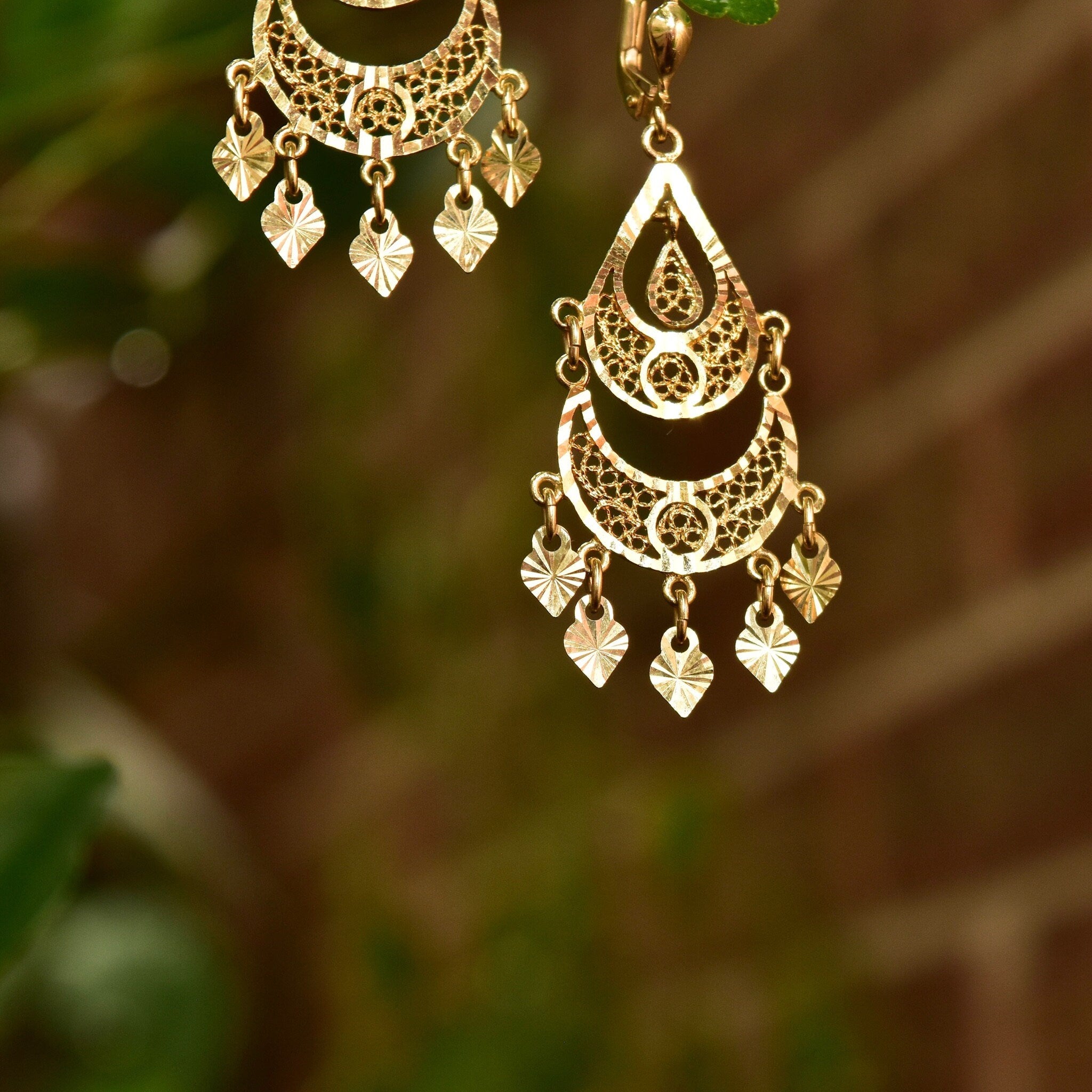 Vintage Turkish 14K Yellow Gold Filigree Chandelier Earrings, Ornate Diamond-Cut Teardrop Earrings, 585 Gold Lever Backs, 54mm