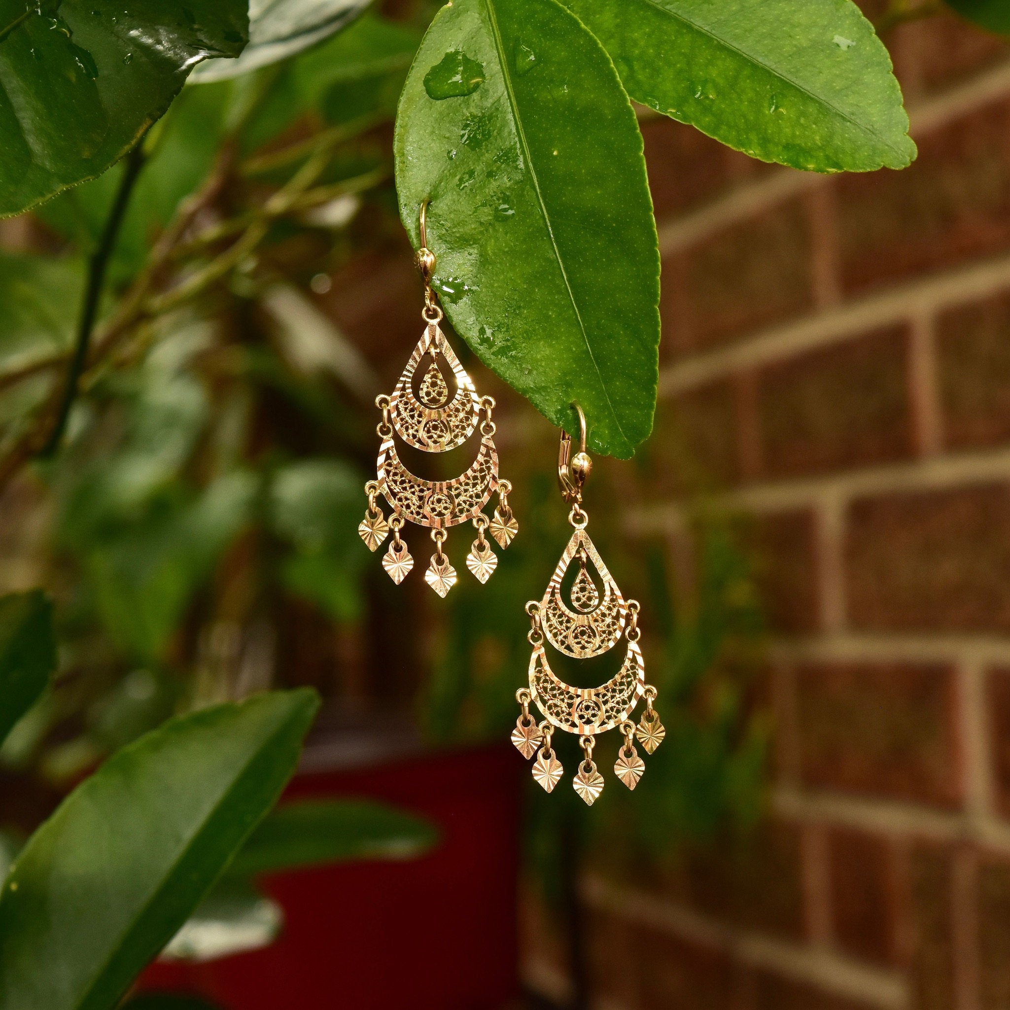 Vintage Turkish 14K Yellow Gold Filigree Chandelier Earrings, Ornate Diamond-Cut Teardrop Earrings, 585 Gold Lever Backs, 54mm