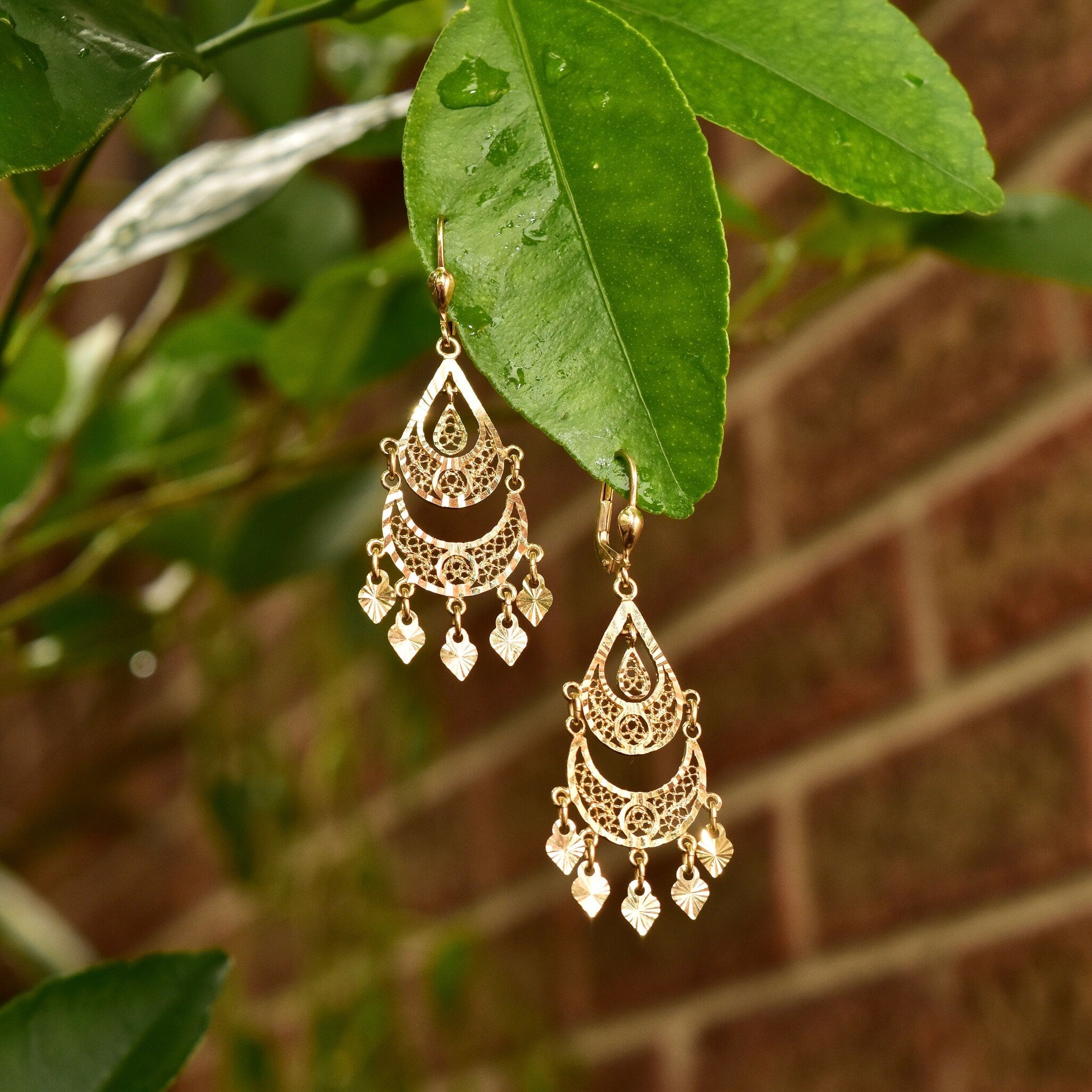 Vintage Turkish 14K Yellow Gold Filigree Chandelier Earrings, Ornate Diamond-Cut Teardrop Earrings, 585 Gold Lever Backs, 54mm