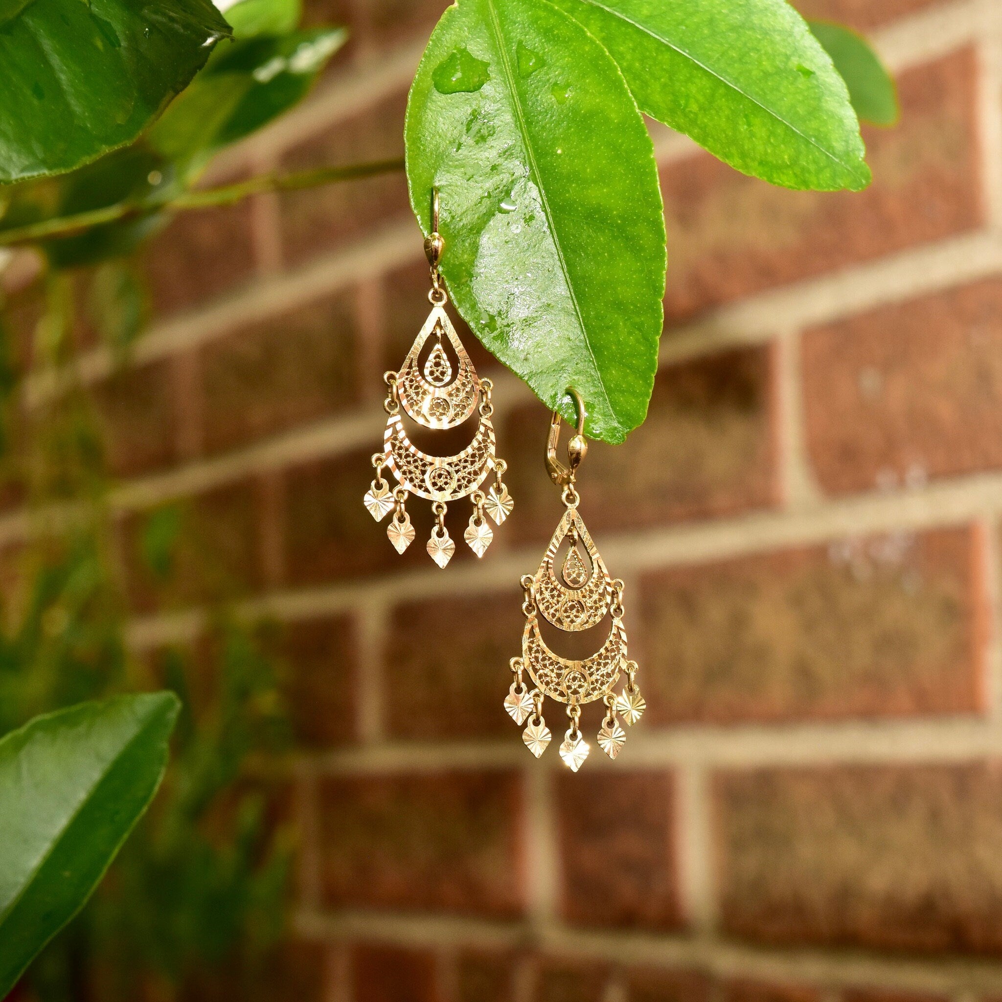 Vintage Turkish 14K Yellow Gold Filigree Chandelier Earrings, Ornate Diamond-Cut Teardrop Earrings, 585 Gold Lever Backs, 54mm