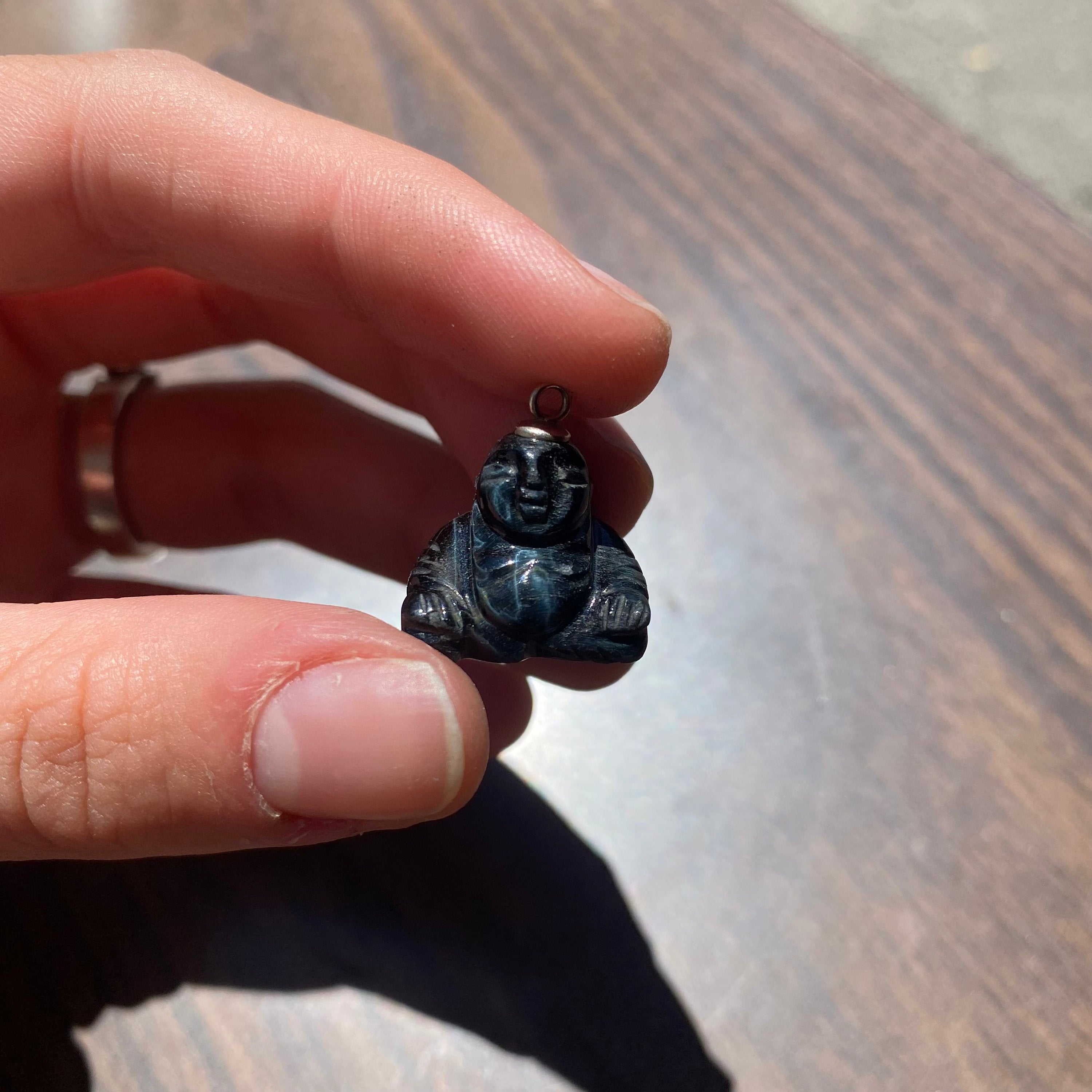 Vintage Carved Black Stone Buddha Charm with Silver Loop, Small Stone Buddha Charm, Cute Carved Buddha, Black Stone Buddha