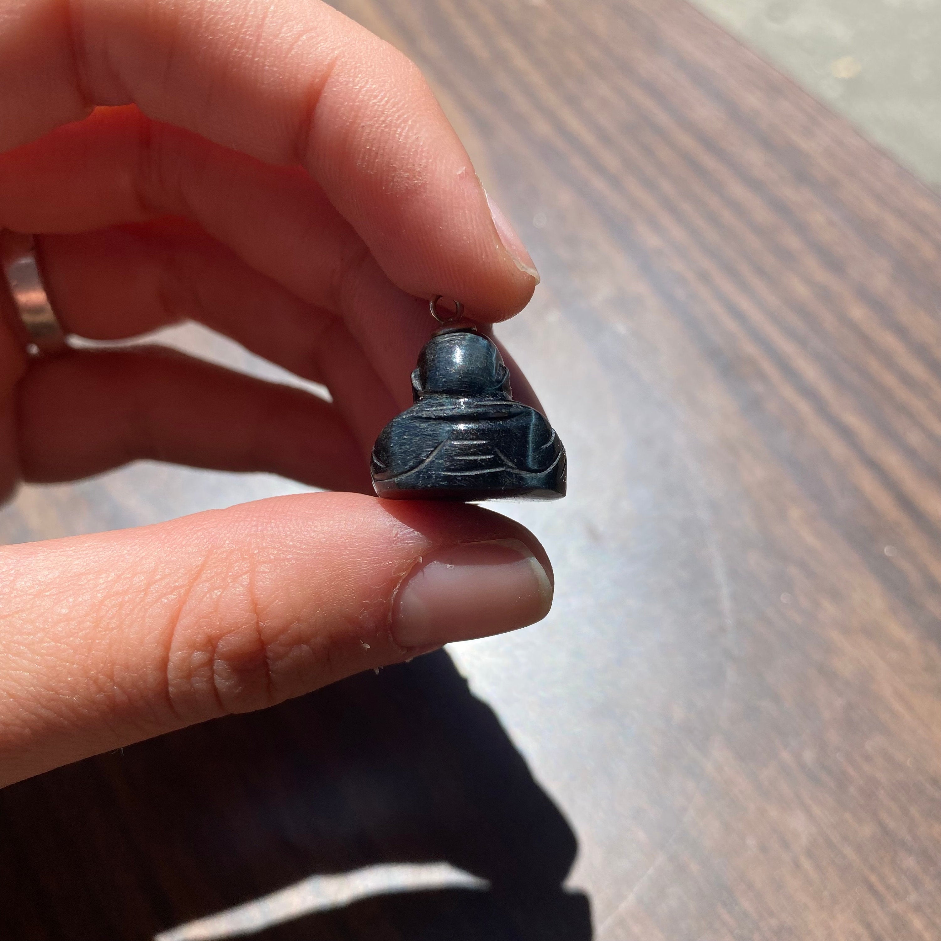 Vintage Carved Black Stone Buddha Charm with Silver Loop, Small Stone Buddha Charm, Cute Carved Buddha, Black Stone Buddha