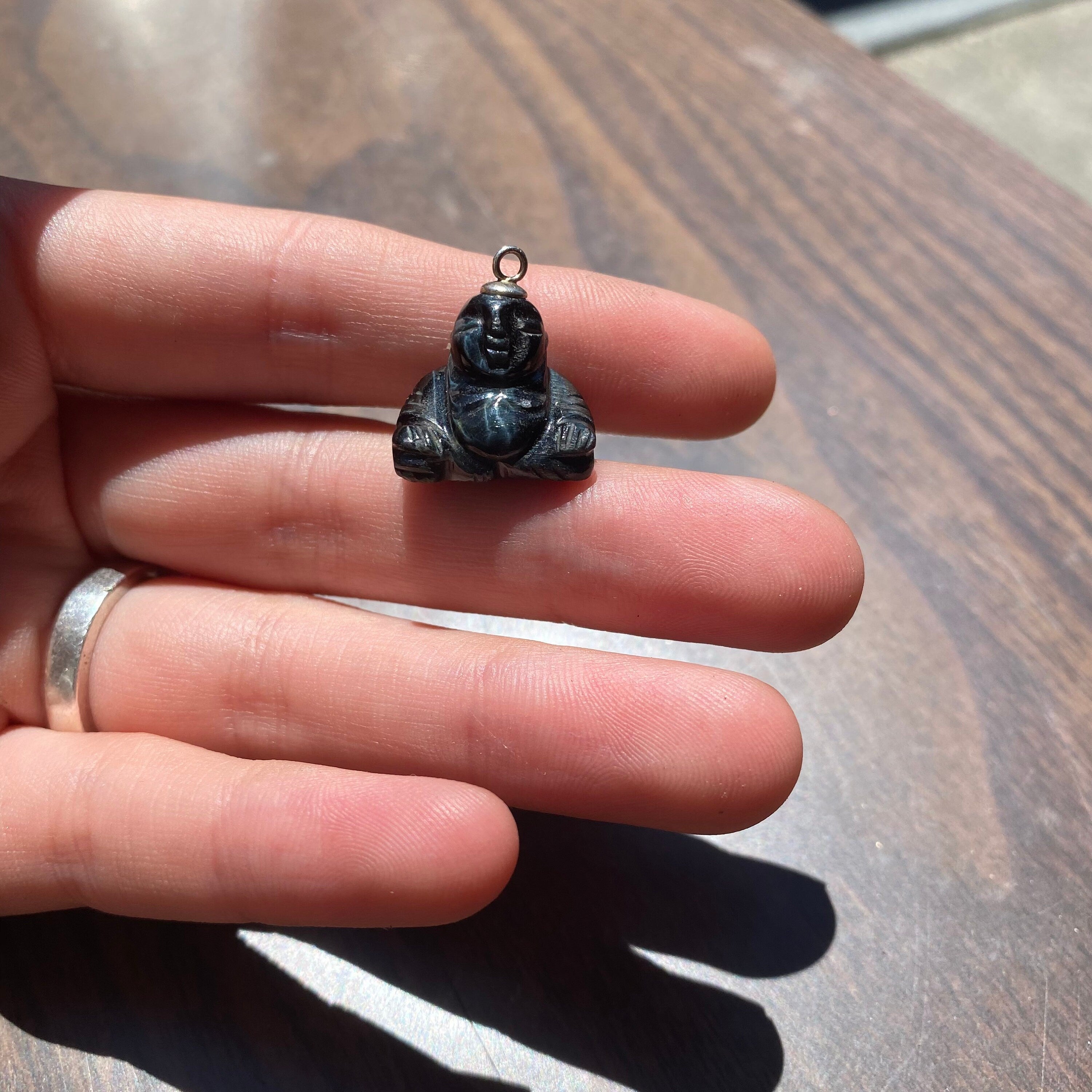 Vintage Carved Black Stone Buddha Charm with Silver Loop, Small Stone Buddha Charm, Cute Carved Buddha, Black Stone Buddha