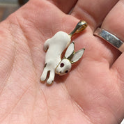 Vintage Gold-Toned White Enamel Rabbit Pendant with Ruby Eyes, Small Enamel Rabbit Charm, Cute Enamel Rabbit, White Rabbit Charm