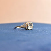 Antique Art Deco 14K White Gold Filigree Aquamarine Ring, Faceted Pale Blue Gemstone, Intricate Setting, March Birthstone, Size 6 1/2 US