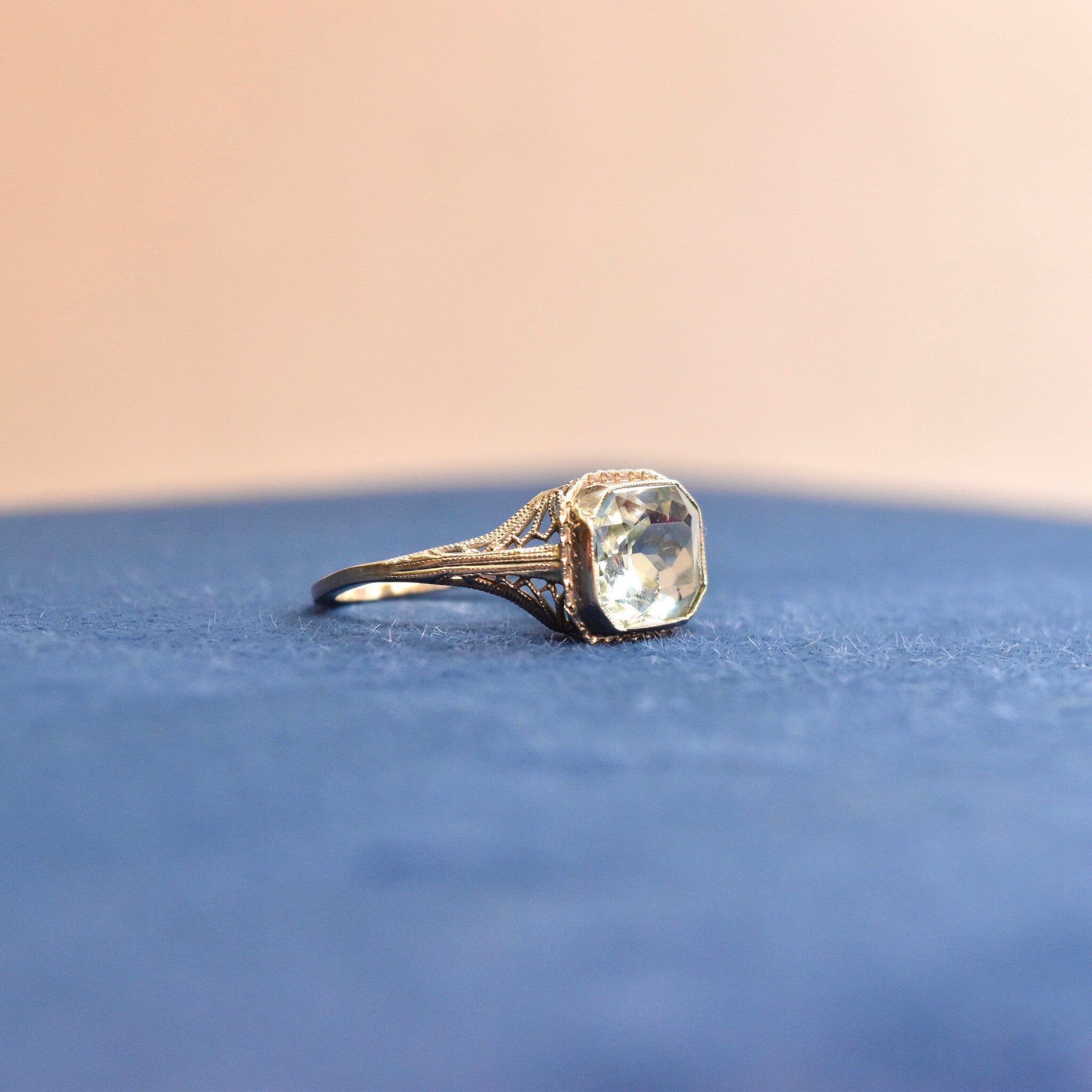 Antique Art Deco 14K White Gold Filigree Aquamarine Ring, Faceted Pale Blue Gemstone, Intricate Setting, March Birthstone, Size 6 1/2 US