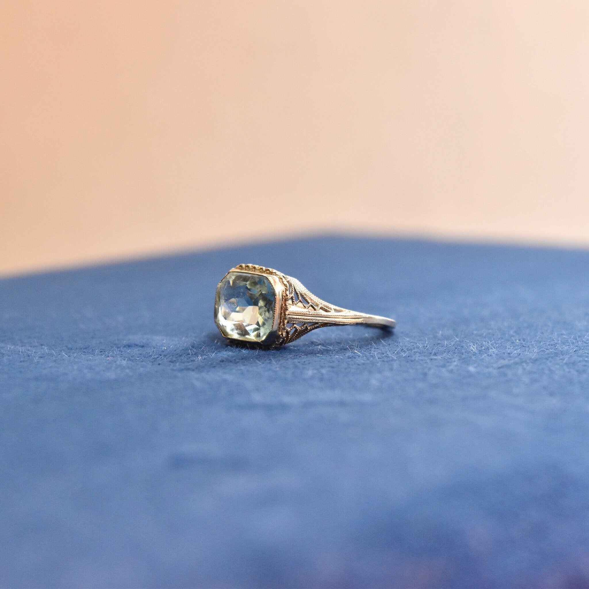 Antique Art Deco 14K White Gold Filigree Aquamarine Ring, Faceted Pale Blue Gemstone, Intricate Setting, March Birthstone, Size 6 1/2 US