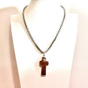 Vintage Large Sterling Silver Baltic Amber Cross Pendant, Incredible Inclusions, Modernist 925 Gemstone Cross Pendant, 2 7/8 L