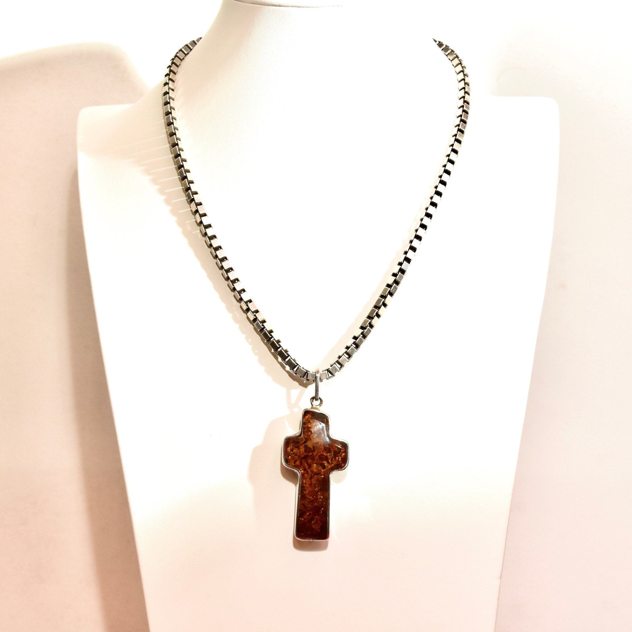 Vintage Large Sterling Silver Baltic Amber Cross Pendant, Incredible Inclusions, Modernist 925 Gemstone Cross Pendant, 2 7/8 L