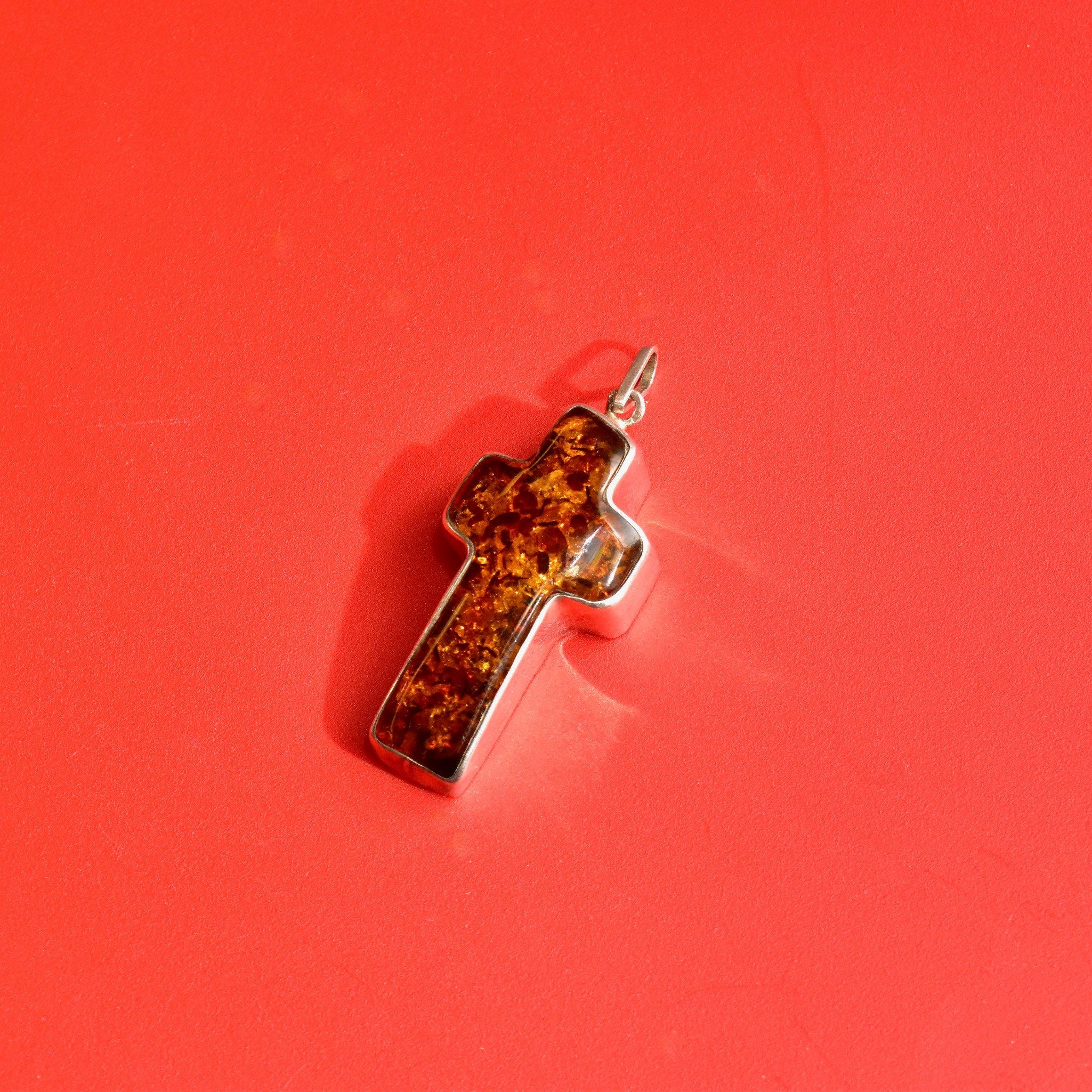 Vintage Large Sterling Silver Baltic Amber Cross Pendant, Incredible Inclusions, Modernist 925 Gemstone Cross Pendant, 2 7/8 L