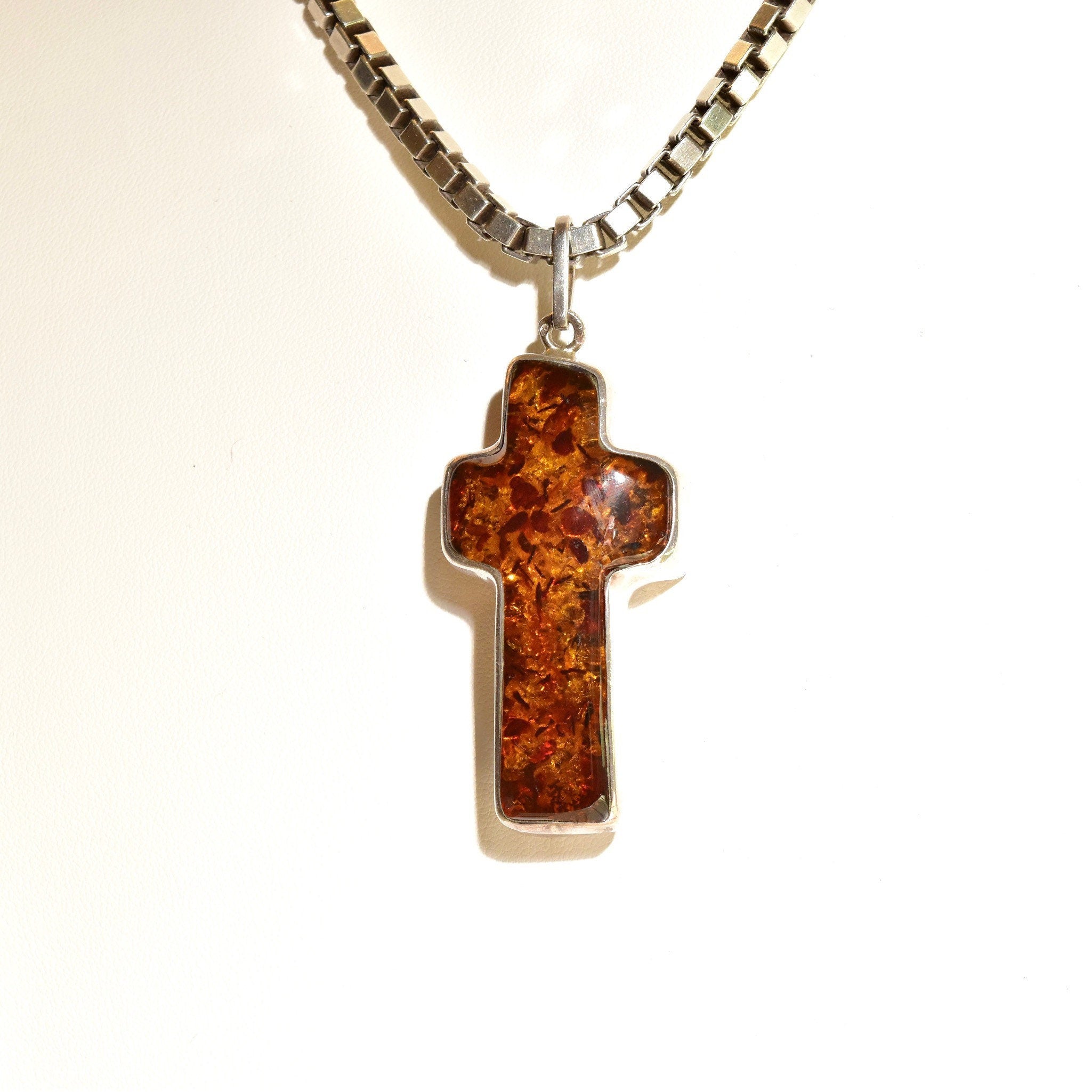 Vintage Large Sterling Silver Baltic Amber Cross Pendant, Incredible Inclusions, Modernist 925 Gemstone Cross Pendant, 2 7/8 L