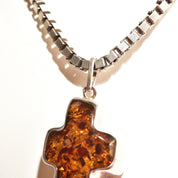 Vintage Large Sterling Silver Baltic Amber Cross Pendant, Incredible Inclusions, Modernist 925 Gemstone Cross Pendant, 2 7/8 L
