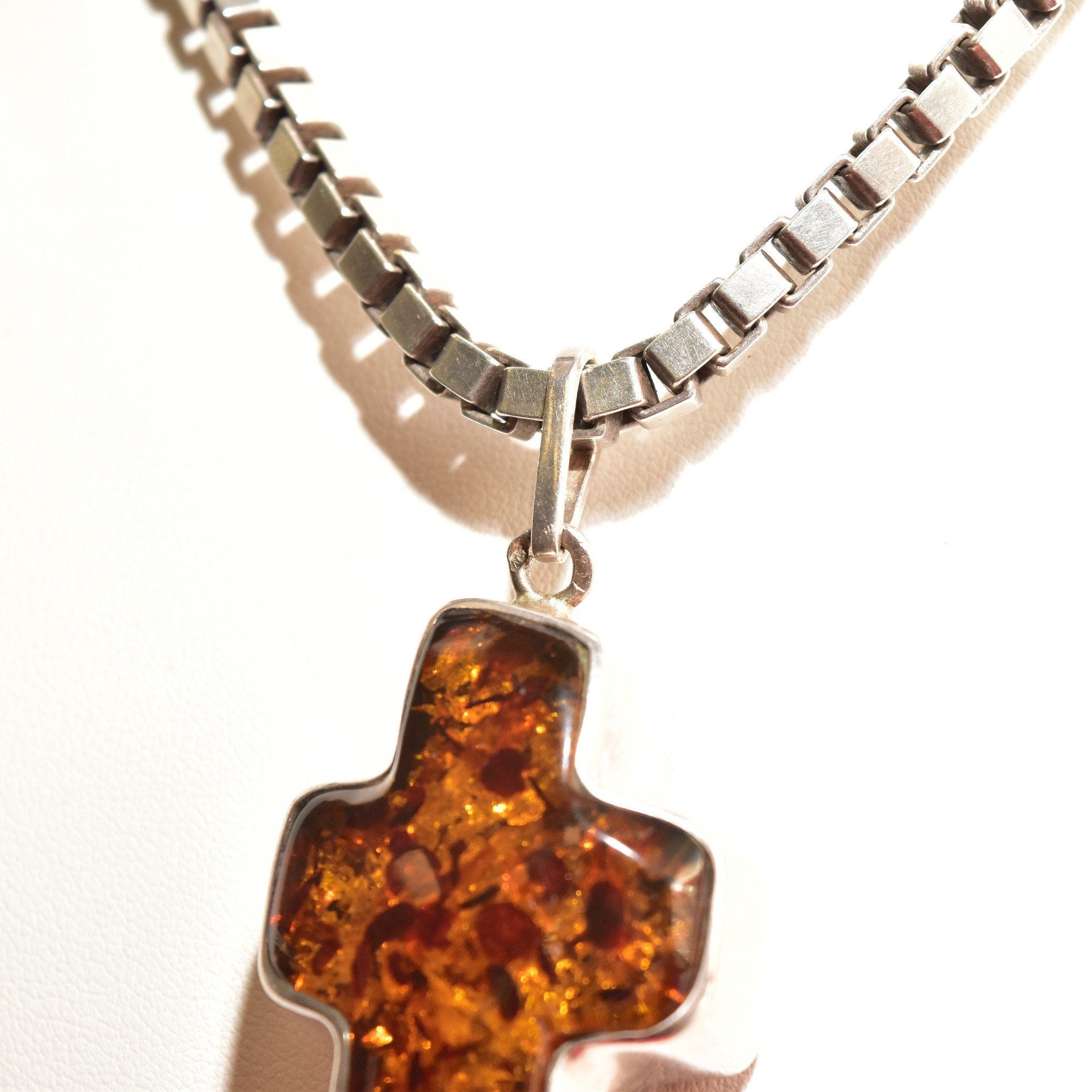 Vintage Large Sterling Silver Baltic Amber Cross Pendant, Incredible Inclusions, Modernist 925 Gemstone Cross Pendant, 2 7/8 L