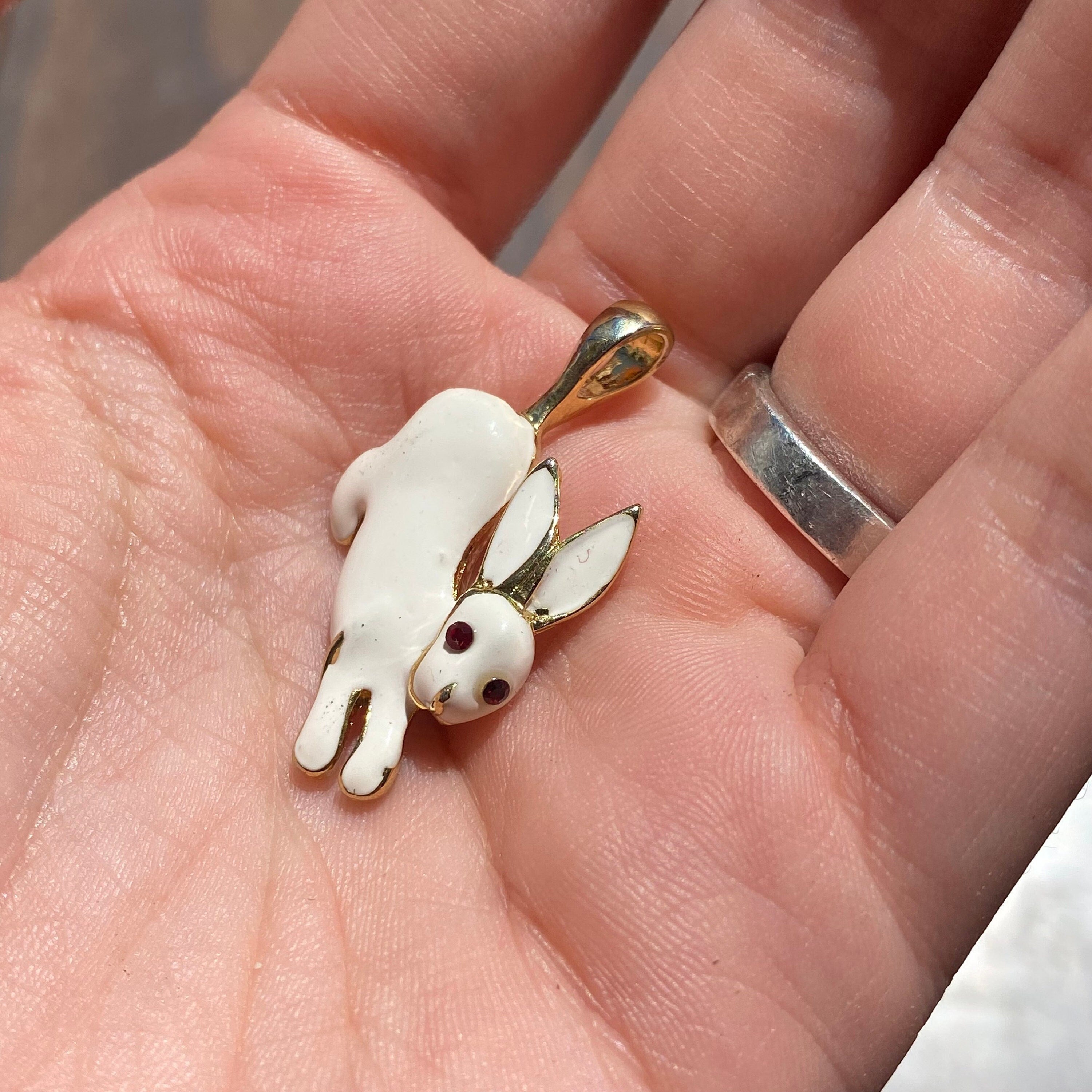 Vintage Gold-Toned White Enamel Rabbit Pendant with Ruby Eyes, Small Enamel Rabbit Charm, Cute Enamel Rabbit, White Rabbit Charm