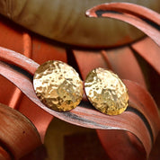 Vintage Modernist 14K Yellow Gold Hammered Disc Earrings, Round Crinkle Stud Earrings, Liquid Metal, , 1 7/8" L