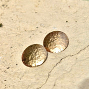 Vintage Modernist 14K Yellow Gold Hammered Disc Earrings, Round Crinkle Stud Earrings, Liquid Metal, , 1 7/8" L