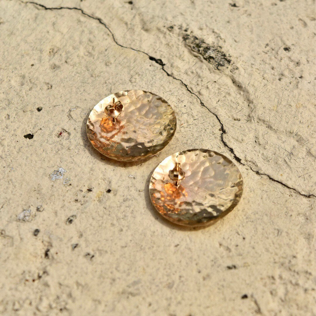 Vintage Modernist 14K Yellow Gold Hammered Disc Earrings, Round Crinkle Stud Earrings, Liquid Metal, , 1 7/8" L