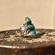Vintage Silver Triple Turquoise Ring, Elongated Gemstone Ring, Turquoise Ring, Size 5 3/4 US