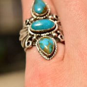 Vintage Silver Triple Turquoise Ring, Elongated Gemstone Ring, Turquoise Ring, Size 5 3/4 US
