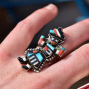 Vintage Signed GN Zuni Native American Rainbow Man Ring, Colorful Multi-Stone Inlay, Protective Symbol, Size 7 3/4 US