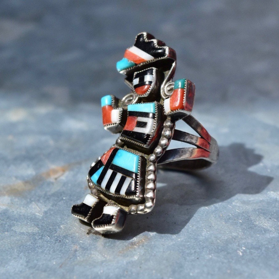 Vintage Signed GN Zuni Native American Rainbow Man Ring, Colorful Multi-Stone Inlay, Protective Symbol, Size 7 3/4 US