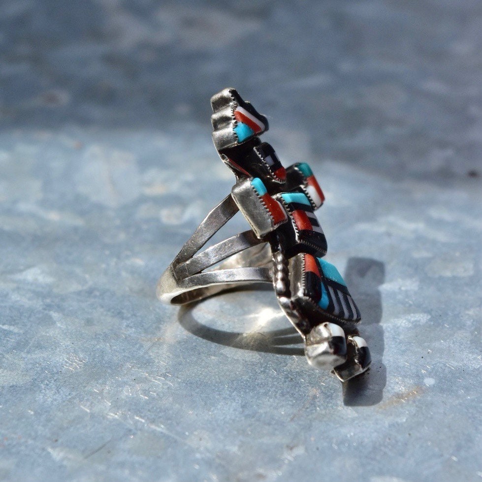 Vintage Signed GN Zuni Native American Rainbow Man Ring, Colorful Multi-Stone Inlay, Protective Symbol, Size 7 3/4 US