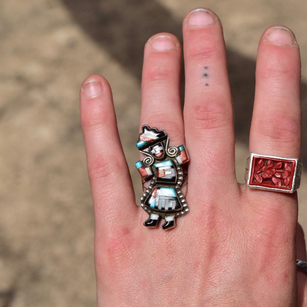Vintage Signed GN Zuni Native American Rainbow Man Ring, Colorful Multi-Stone Inlay, Protective Symbol, Size 7 3/4 US