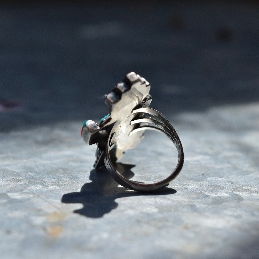 Vintage Signed GN Zuni Native American Rainbow Man Ring, Colorful Multi-Stone Inlay, Protective Symbol, Size 7 3/4 US