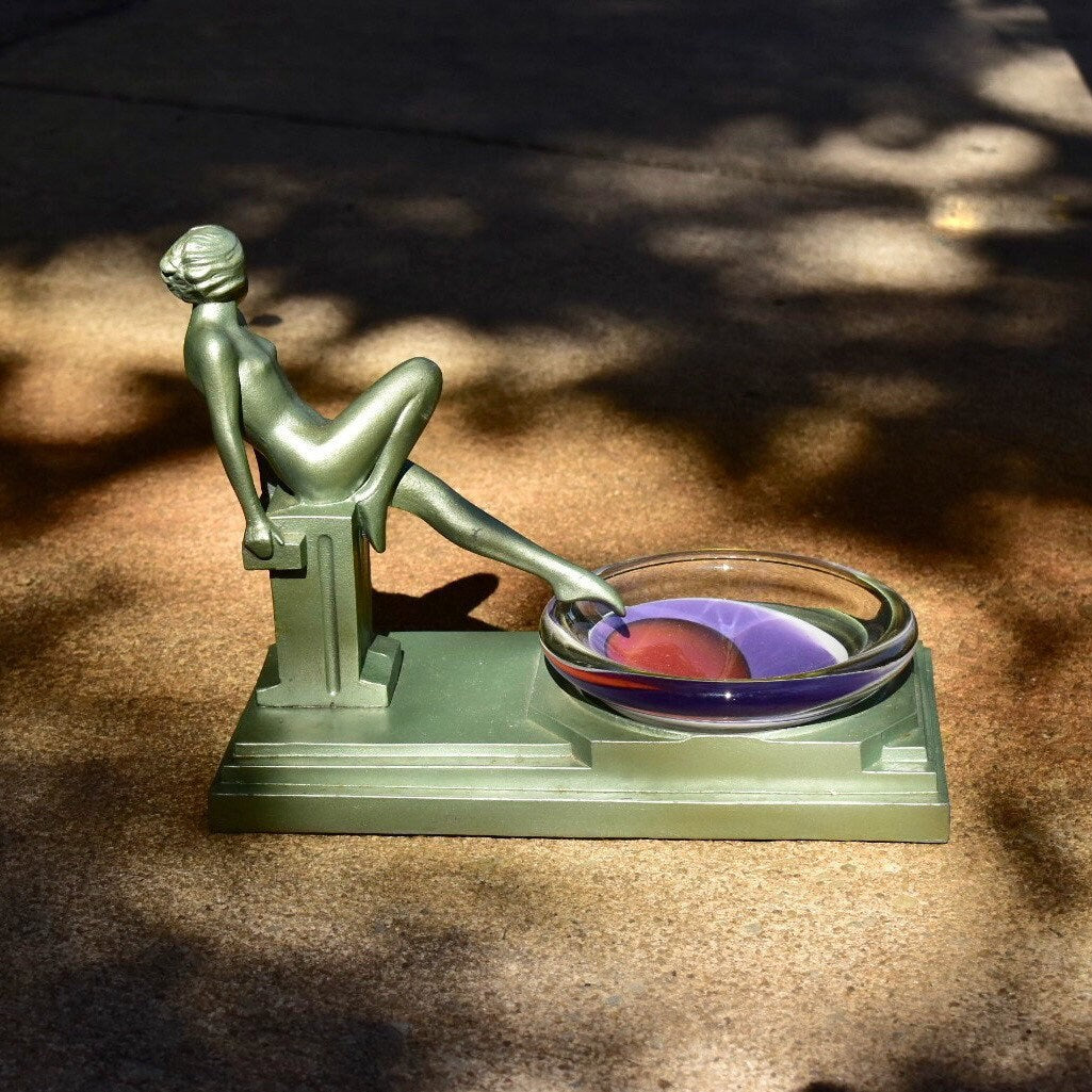Vintage Rare Art Deco Weisbach Glass & Cast Metal Frankart Style Nude Ashtray, Green Painted Figure/Stand, Eclectic Home Decor